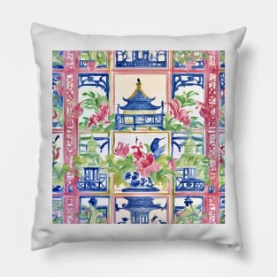 Preppy trellis chinoiserie pagodas, flowers and birds Pillow