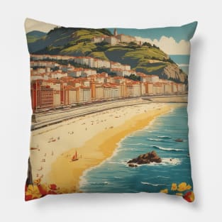 La Concha San Sebastian Beach Spain Travel Tourism Retro Vintage Art Pillow