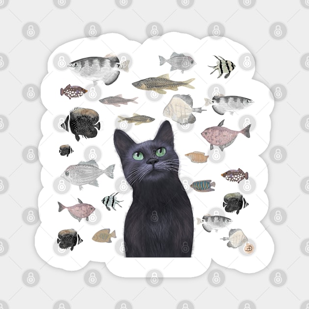 Birthday Black Cat and the Party Fish Gift Magnet by andreeadumez