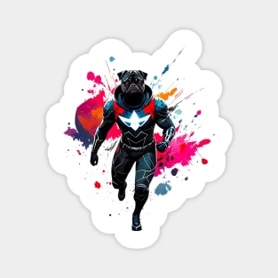 Confident and Commanding Pug in Black with Bold Red Metallic Superhero Suit Magnet