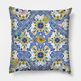 Mediterranean blue tiles, amalfi flowers and butterflies Pillow