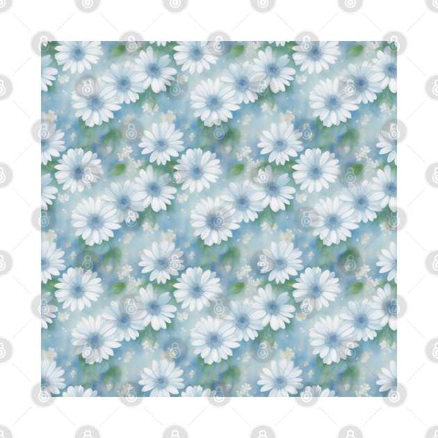 Watercolor Blue Green Pattern With Big White Daisy by Victoria's Store