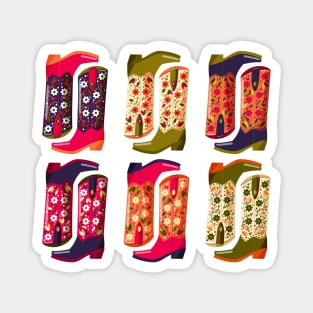 Collection of hand drawn cowboy boots decorated with flowers on pink background. Vibrant and colorful vector illustration. Magnet