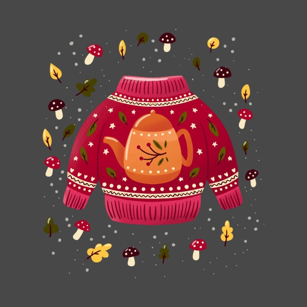 Christmas holiday sweater with tea kettle, leaves and mushrooms. Colorful winter festive illustration. by BlueLela