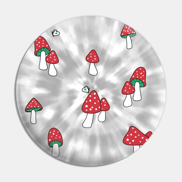 Aesthetic Red Hatted Mushrooms and Butterflies on a Black and White Tie Dye Background Pin by YourGoods