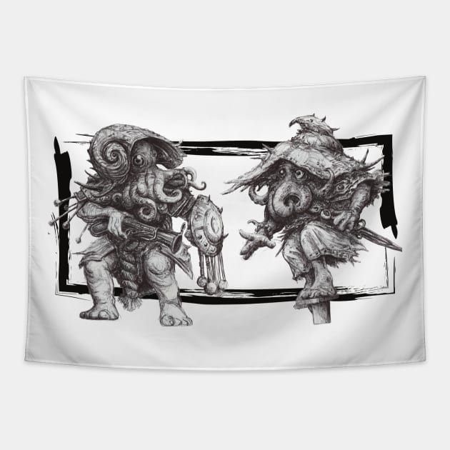 octopus army versus Cthulhu wall art Tapestry by artbyst