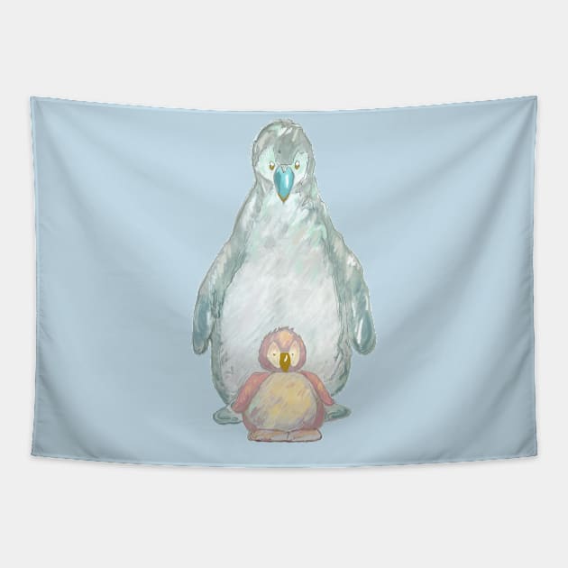 Cute baby penguin with Mommy/daddy penguin. Tapestry by Peaceful Pigments