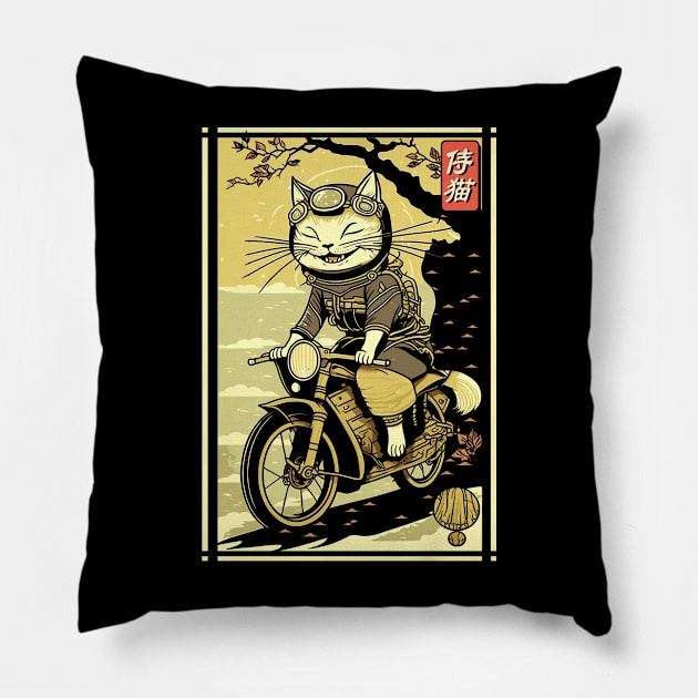 Japanese Samurai Cat on Motorcycle Kawaii Ninja Cat Pillow by Apocatnipse Meow