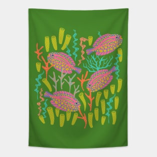 TROPICAL ZONE Coral Reef Fish Undersea Ocean Sea Creatures in Pink Purple Yellow Orange on Green - UnBlink Studio by Jackie Tahara Tapestry