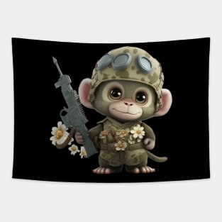 The smiling soldier monkey with the helmet and his flowers Tapestry