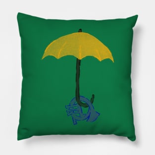 Yellow umbrella and blue horn - green Pillow