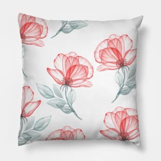 Red transparent roses watercolor print Translucent spring flowers romantic composition Pillow