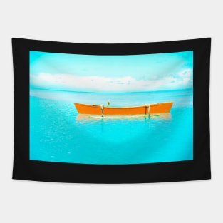 Orange outrigger in lagoon Tapestry