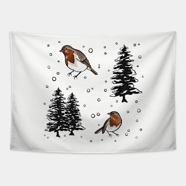 Robin and Snow Covered Trees Pattern Digital Illustration Tapestry by AlmightyClaire