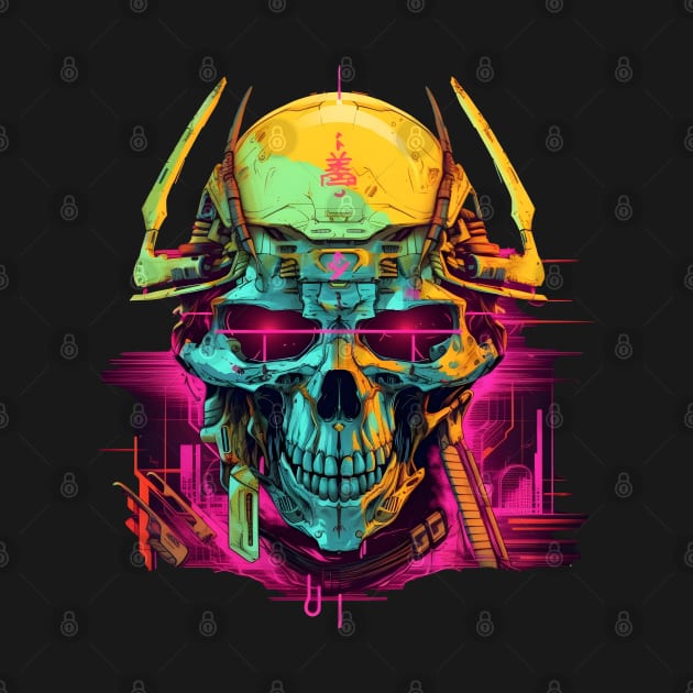 Cyberpunk Neon Samurai Skull by TooplesArt