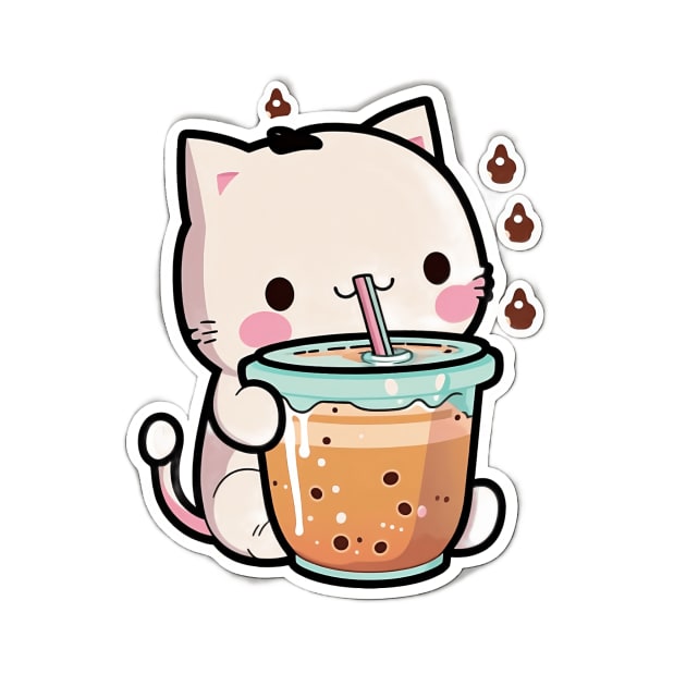 Cute Cat Drinking Bubble Tea Cartoon Boba Drawing by kiddo200