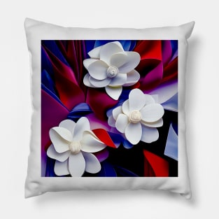 White Flowers on Red and Blue Pillow