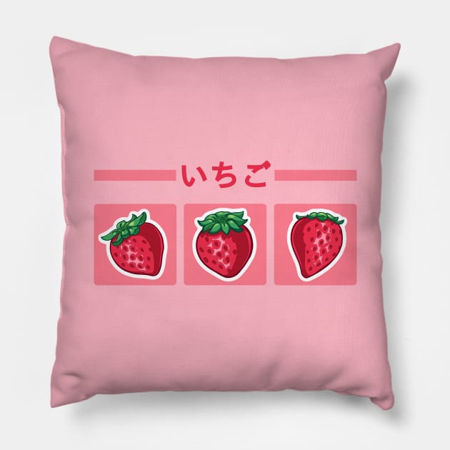 Cute strawberry design on pink background with the "strawberry" japanese kanji Pillow by AnGo