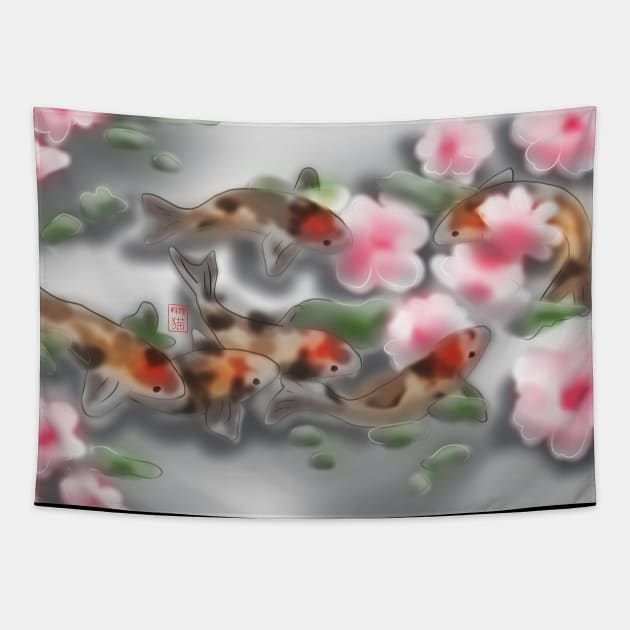 Cherry blossoms and koi carp in grey water Tapestry by cuisinecat