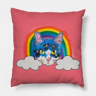 Floral Kitty face with rainbow Pillow