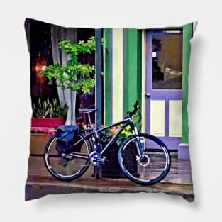 Owego NY - Bicycle Parked on Rainy Street Pillow