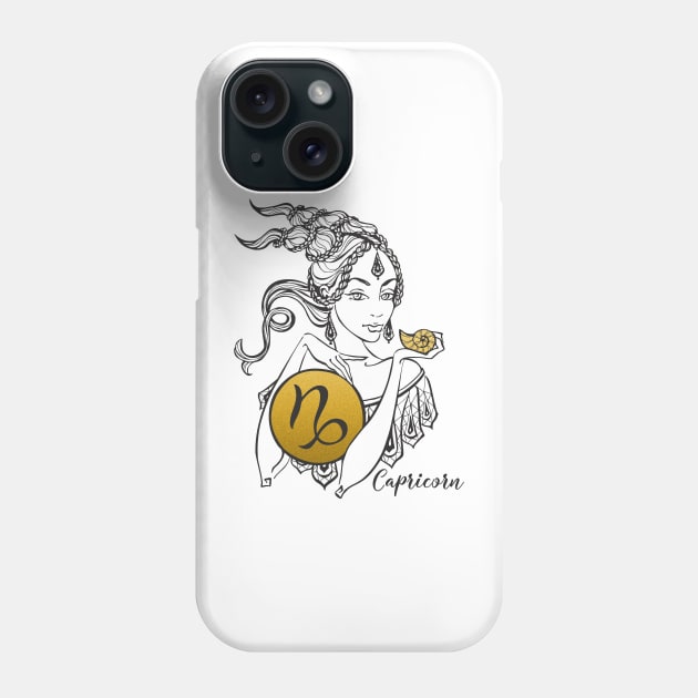 Capricorn - Beautiful Girl Gold Illu Zodiac Phone Case by Art Consulate