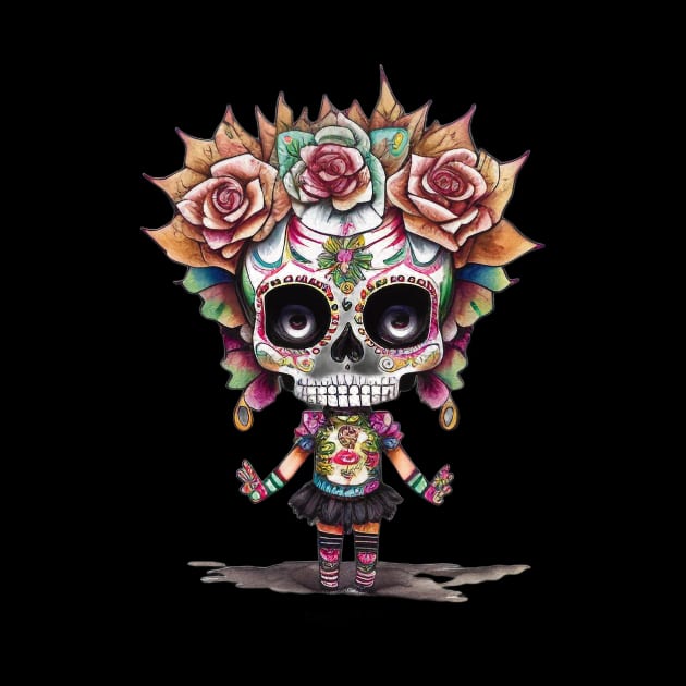 Chibi Chic: Day of the Dead Sugar Skull Art - Chibi Girl with Pink Rose-adorned Hair by ImaginativeInkPOD