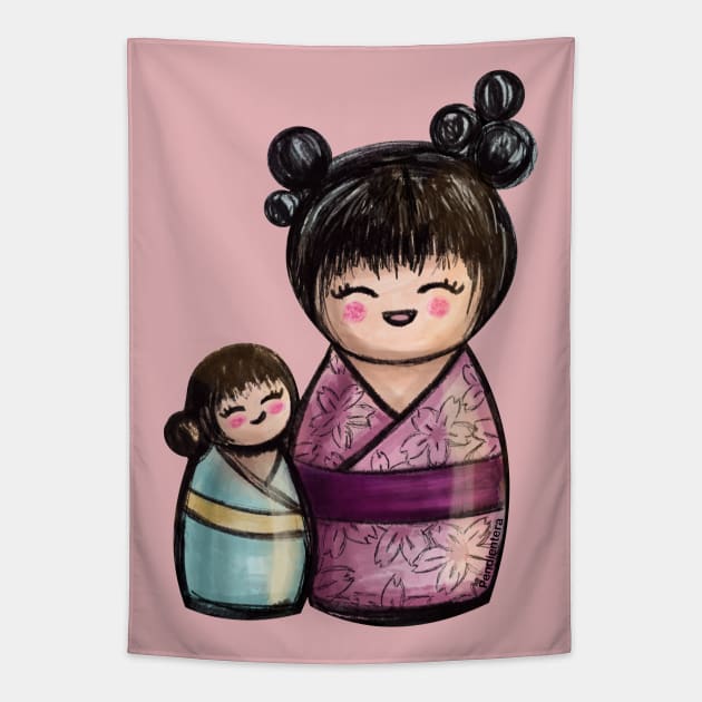 Kokeshis Mother and daughter Tapestry by Pendientera