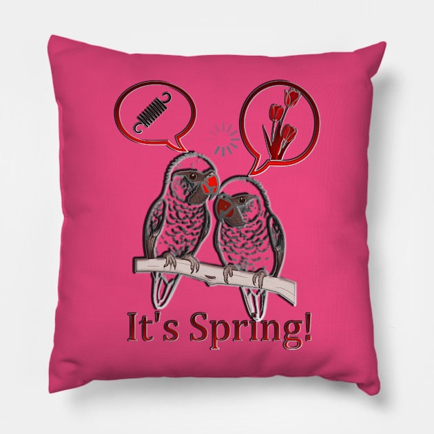 Spring Fever Hits Parrot Paradise: "It's Spring (But We Have Different Ideas)" ⚙️ Pillow by HTA DESIGNS