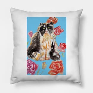 Tuxedo Cat Watercolor Painting and Roses on Light Blue Pillow