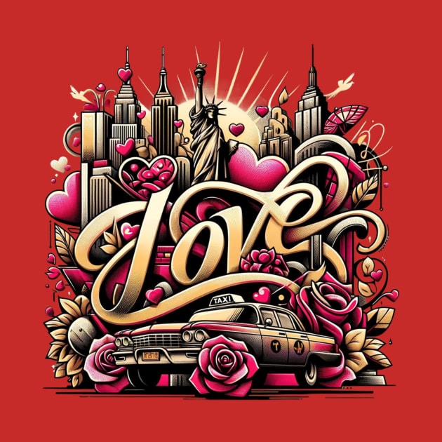 New York Love - Chic Urban Art Tee with Statue of Liberty and Cityscape by Mystic Geisha