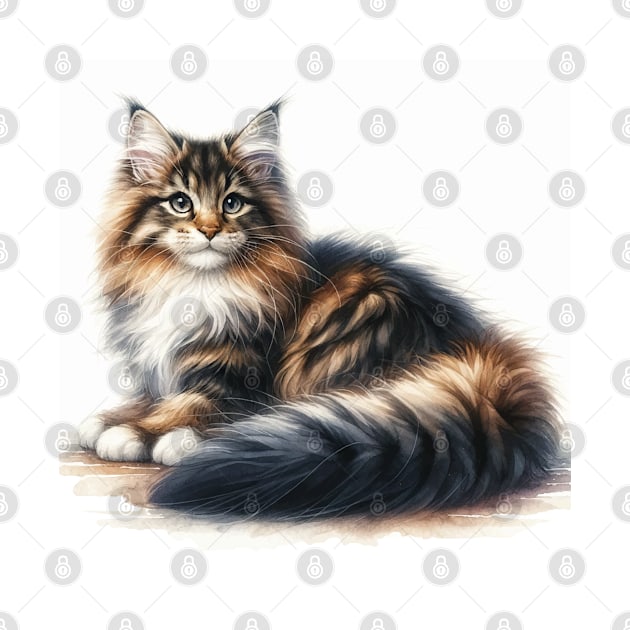 Norwegian Forest Cat Watercolor Kitten - Cute Kitties by Aquarelle Impressions