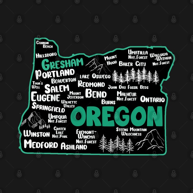 Cute map of Gresham Oregon, Portland, Salem, Eugene, Springfield, Bend, Ontario, Medford by BoogieCreates