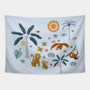 Leopards,sloths and ant-eater animal of South America and tropical plants Tapestry