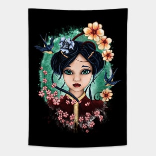 Bright geisha girl portrait, spring illustration Tapestry