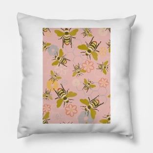 Vintage Honey Bees, Honeycomb and Flowers on dusty rose repeat pattern Pillow