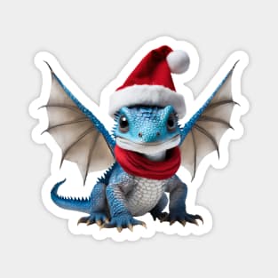 Realistic Artwork of a Cute Blue Baby Dragon Wearing a Red Santa Christmas Hat Magnet