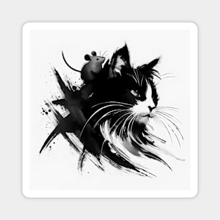 Sumie Japanese Brushstroke Cat And Mouse Portrait Magnet