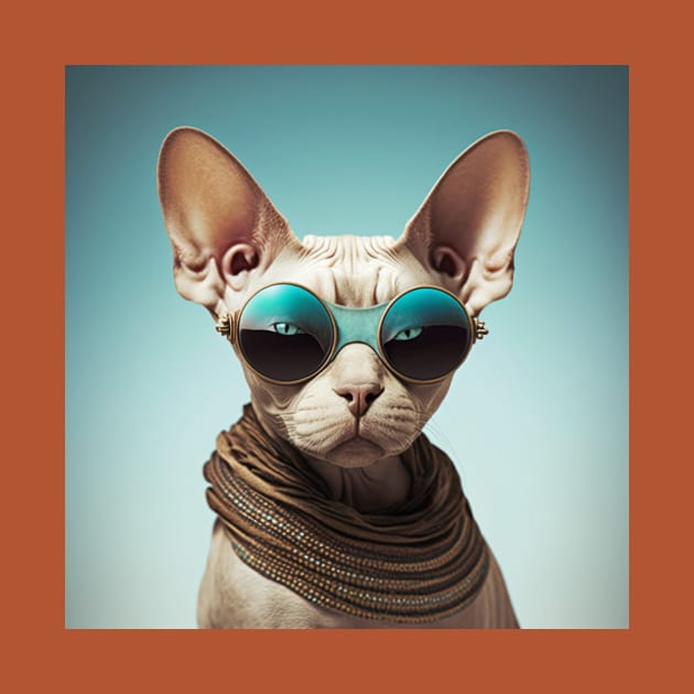 Concentrated sphinx cat with glasses looks at the camera on a blue background by KOTYA