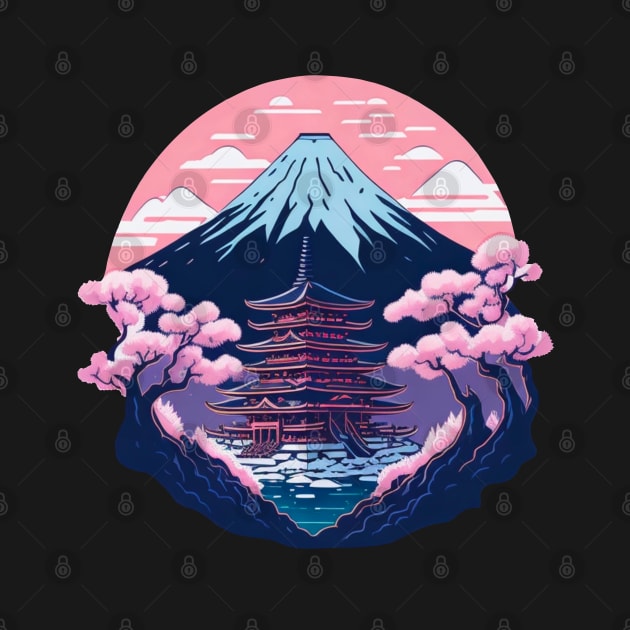 Symmetrical Japanese Pagoda, Mountain and Flowers by Lady Lilac