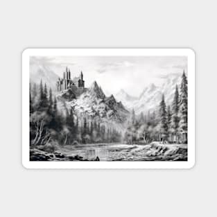 Fortress Mountain Castle Fantasy Story Ink Sketch Style Magnet