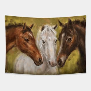 Painting of 3 Horses - Brown and White on Mustard Yellow Background Tapestry