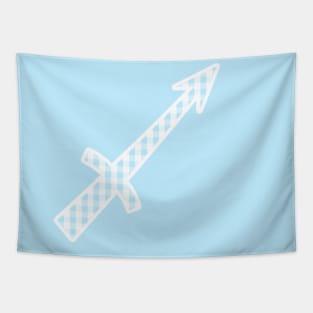 Sagittarius Zodiac Horoscope Symbol in Pastel Blue and White Gingham Pattern Tapestry