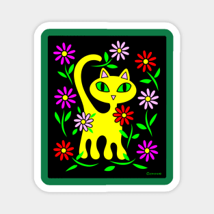 Yellow Kitty Cat with Flowers Magnet