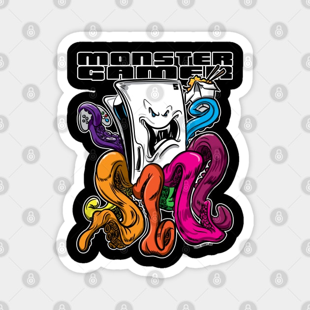 Monster Gamer Console with rainbow tentacles with take out Asian food container and chopsticks. Magnet by eShirtLabs