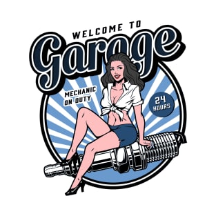 Brunette Mechanic On Duty / Sexy Pinup / Retro Classic Vintage / Light Blue Edition T-Shirt