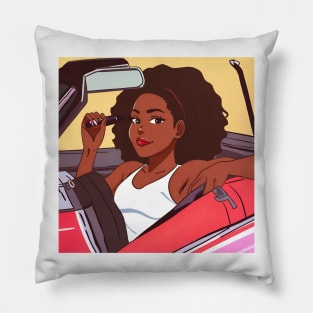 black girl in a car with red lips Pillow