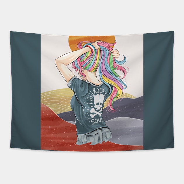 Drawn girl unicorn with rocker t-shirt artwork, abstract contemporary aesthetic background landscape Tapestry by Modern Art