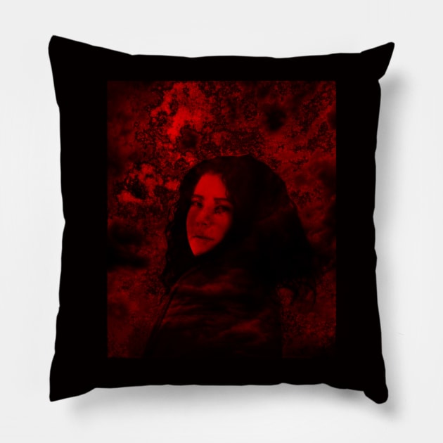 Beautiful girl with dark  hair. Red, rough texture on background. Pillow by 234TeeUser234