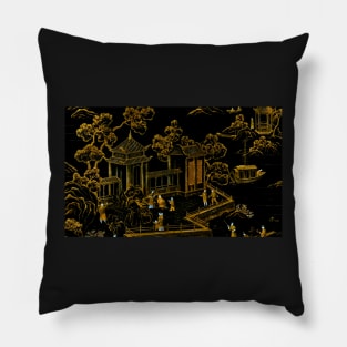 BLACK AND GOLD PAGODAS ORIENTAL  SILK BONSAI DESIGN Pillow